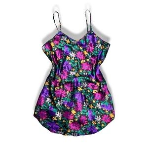 VTG 90s 80s Inner Most Black Purple Green Multicolor Floral Slip Cami Mini Dress